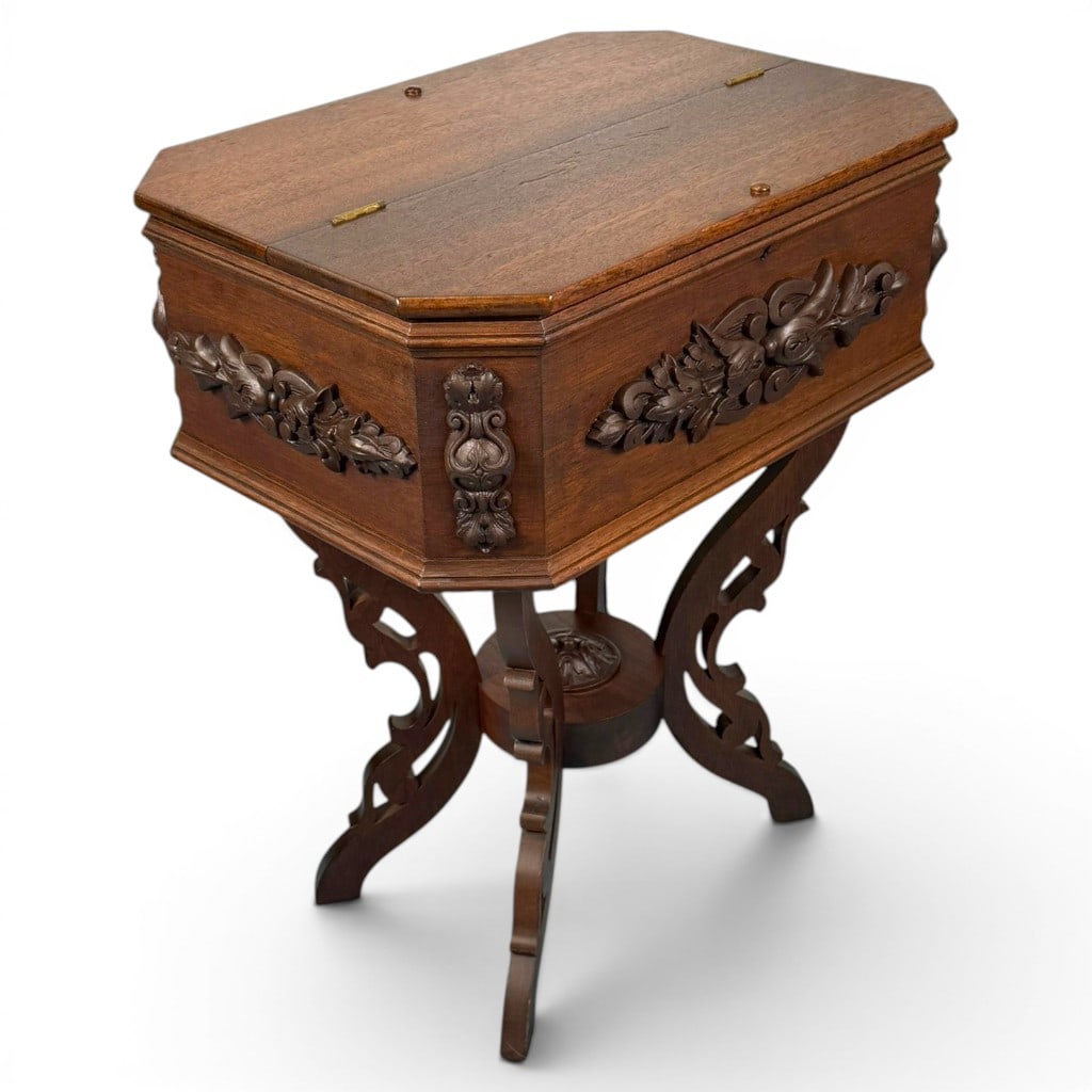 Victorian Walnut Fitted Sewing Table: Origin: Probably English Date: Circa 1870-1890 Period/Style: High Victorian Materials: Walnut, mixed secondary woods, and brass Form: Ladies' sewing or work table Description: High Victorian carved