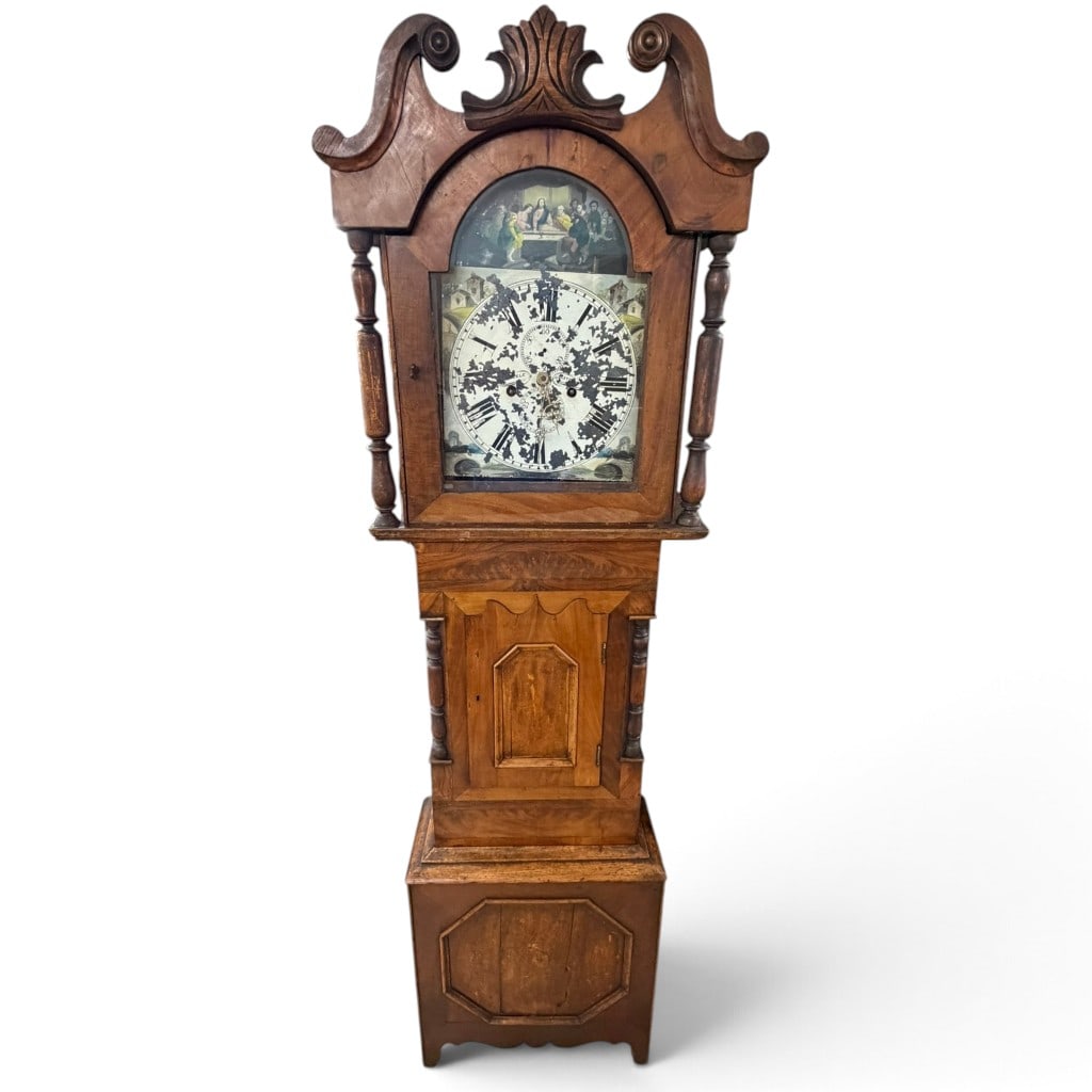 English Last Supper Longcase Clock: Origin: England Date: Circa 1830-1845 Period/Style: Late Georgian, William IV Materials: Mahogany, figured mahogany veneer, mixed secondary woods, painted metal dial, glass, brass and steel movement,