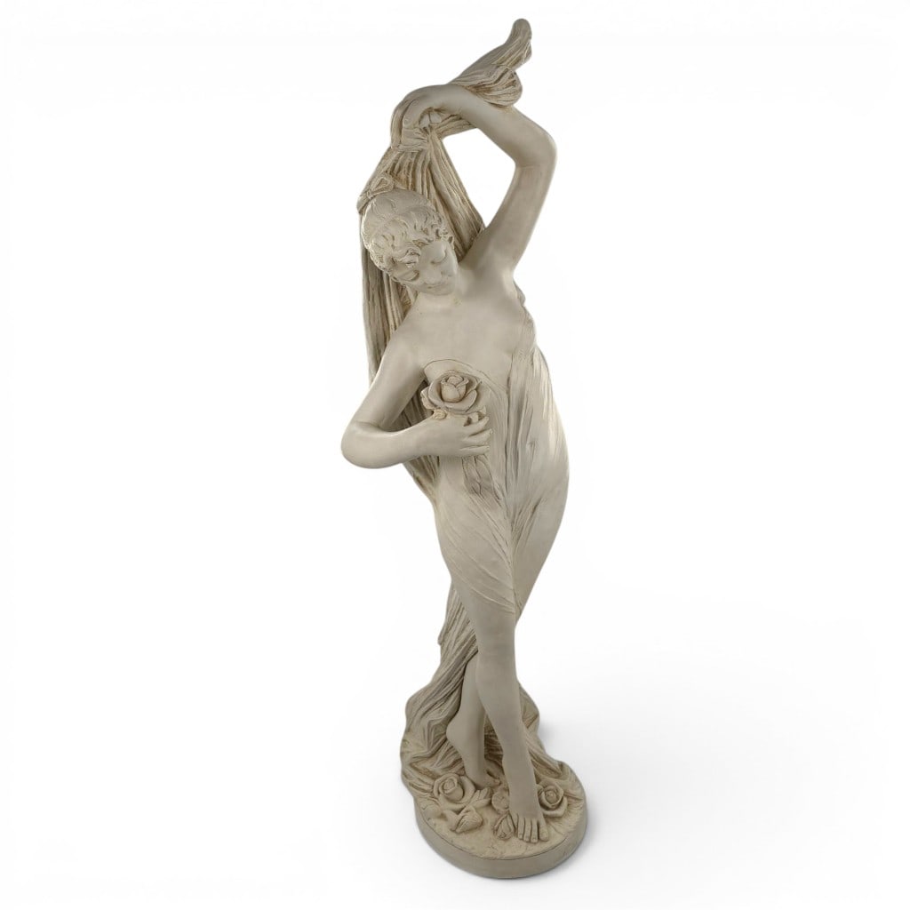Art Nouveau-Style Maiden with Roses: Date: Late 20th century Period/Style: Art Nouveau Revival Materials: Molded composition, possibly plaster- or resin-based, with an antiqued stone-colored finish Form: Decorative figural sculpture