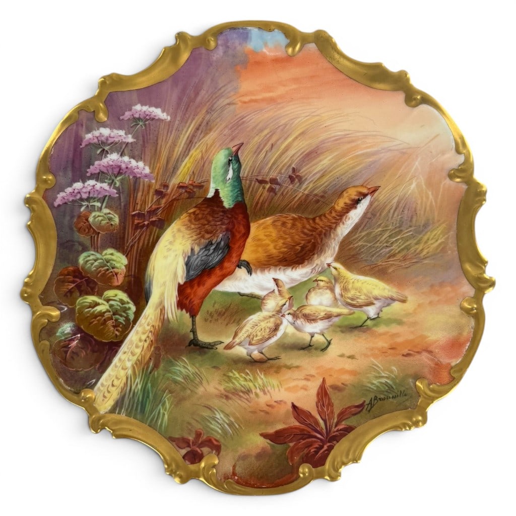 T&V Limoges Pheasant Charger: Maker: Tressemanes & Vogt Painter: Alfred Broussillon Origin: Limoges, France Date: Circa 1900-1910 Materials: Hand-painted and gilt porcelain Form: Cabinet charger Description: Large French
