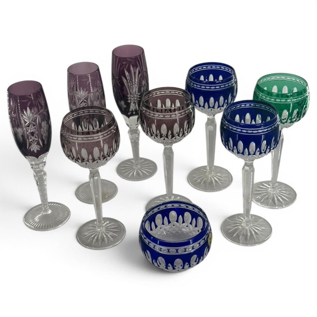 9-Pc Waterford Clarendon Crystal Group: Maker: Waterford Crystal Origin: Ireland Date: 2002-2017 Pattern: Clarendon Materials: Colored cut-to-clear crystal Description: Nine-piece Waterford Crystal grouping in the discontinued Clarendon