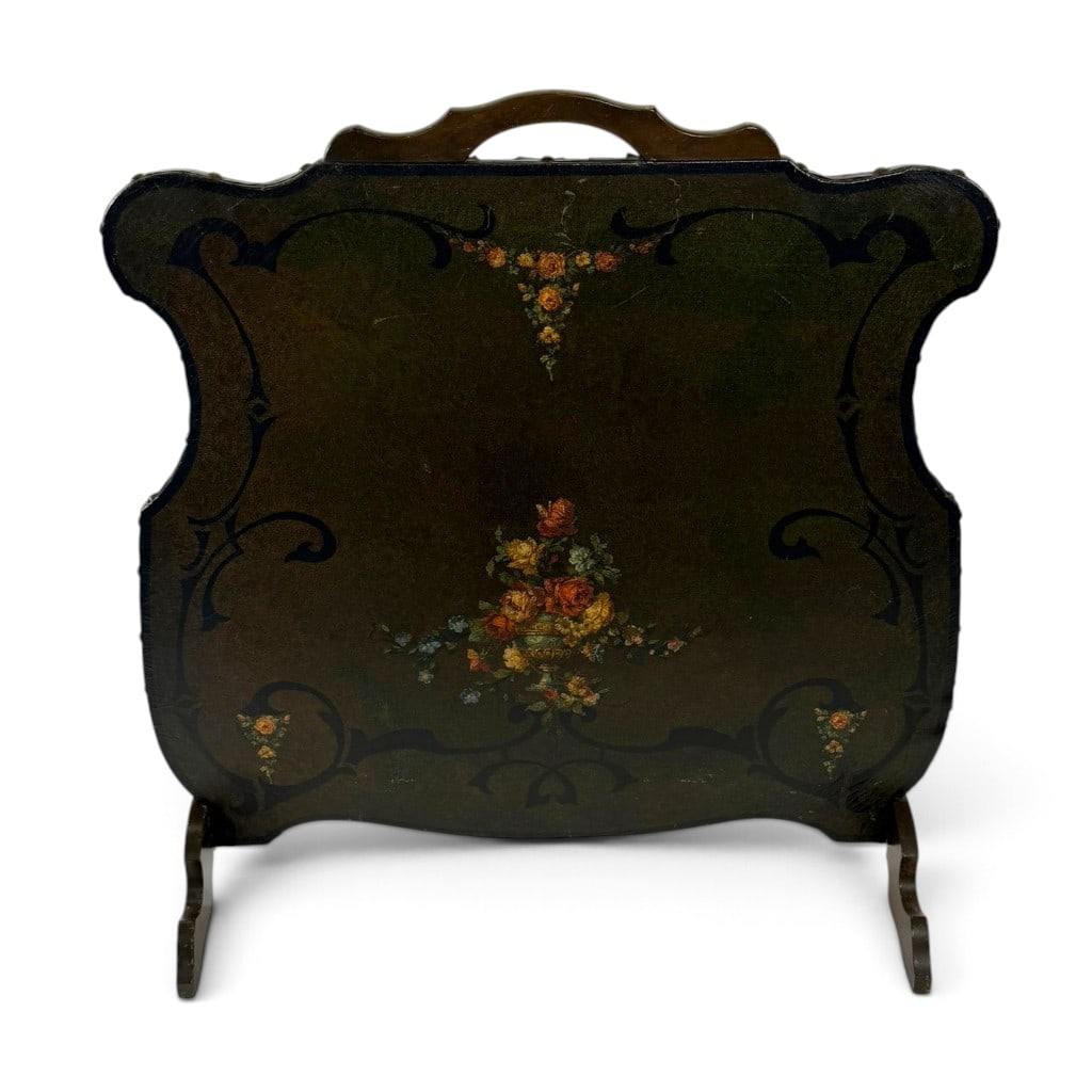 Victorian Floral Leather Firescreen: Origin: European, probably English Date: Circa 1880-1900 Period/Style: Late Victorian Materials: Leather, wood, brass, and polychrome decoration Description: Late-Victorian portable firescreen,