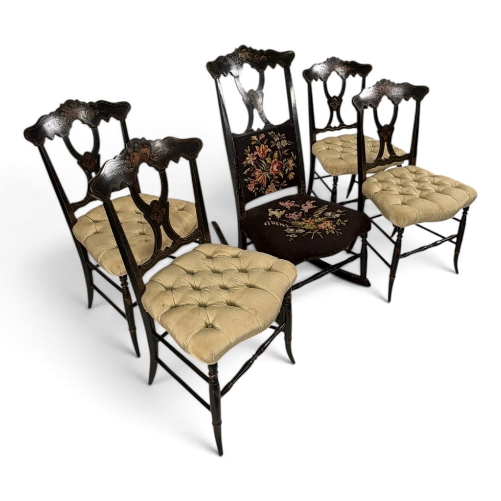 American Paint-Decorated Fancy Chair Suite, Probably Pennsylvania: Origin: American, probably Pennsylvania Date: Circa 1845-1865 Period/Style: Fancy Chair, Late Federal to Early Victorian Materials: Ebonized wood, gilt and polychrome decoration, upholstery, and