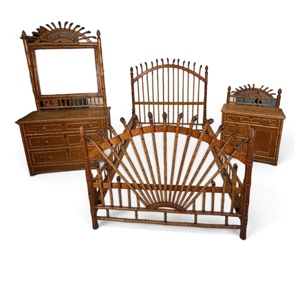 English Aesthetic Movement Bamboo Bedroom Suite: Origin: Probably England Date: Circa 1880-1900 Period/Style: Victorian, Aesthetic Movement, Japonisme Materials: Pine, bamboo, split bamboo, mixed secondary woods, mirror glass, and metal hardware