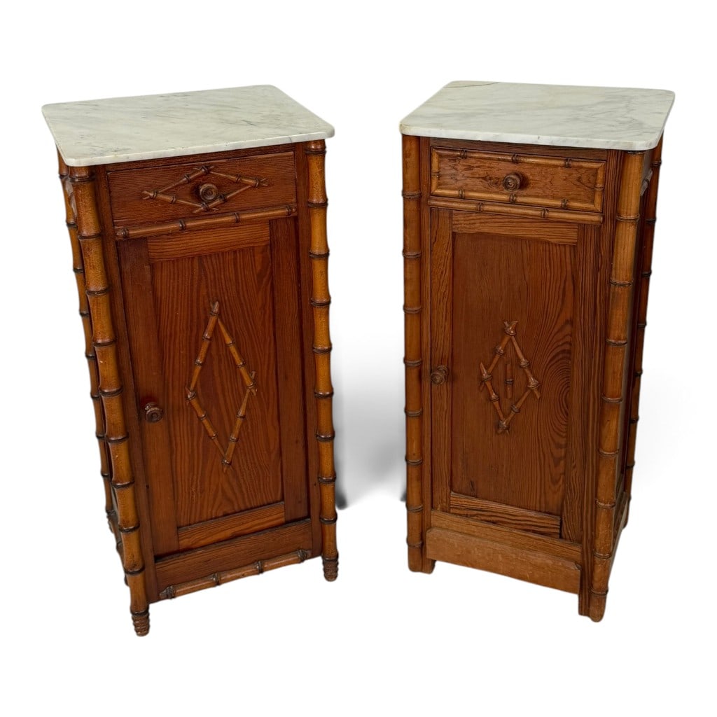 Associated Pair English Faux Bamboo Marble-Top Bedside Cabinets: Origin: Probably England Date: Circa 1880-1900 Period/Style: Victorian, Aesthetic Movement Materials: Pine, turned faux bamboo, applied split bamboo, white marble, mixed secondary woods, and metal har