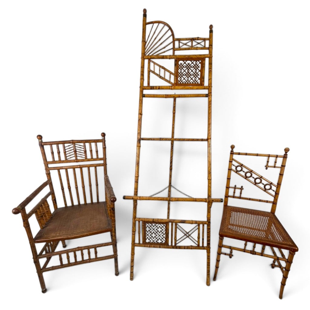 English Aesthetic Bamboo Easel and Two Chairs: Origin: Probably England Date: Circa 1880-1900 Period/Style: Victorian, Aesthetic Movement, Japonisme Materials: Bamboo, woven natural fiber, cane, wood, metal collars, chains, and fasteners Form: