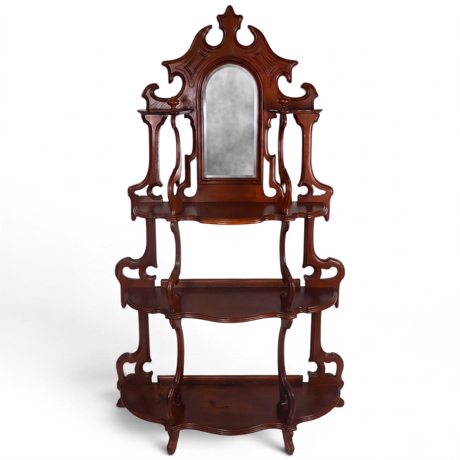 Gothic Revival Walnut Mirrored Etagere: Origin: American Date: Circa 1860-1880 Period/Style: Victorian, Gothic Revival Materials: Walnut, mixed secondary woods, and mirror glass Form: Mirrored etagere or whatnot Description: American
