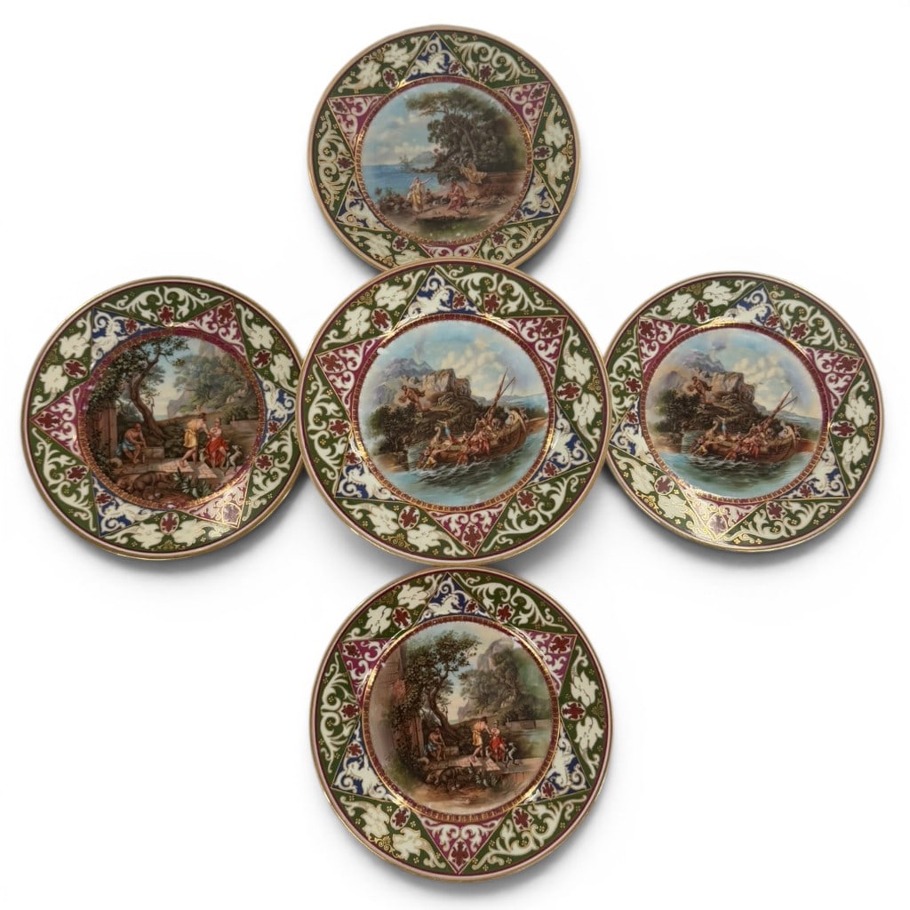 13 Cozzi & Co. Venetian Porcelain Plates: Maker: Cozzi & Co., as marked Origin: Venice, Italy Date: Circa 1890-1920 Period/Style: Renaissance Revival Materials: Polychrome and gilt porcelain Description: Set of thirteen Venetian