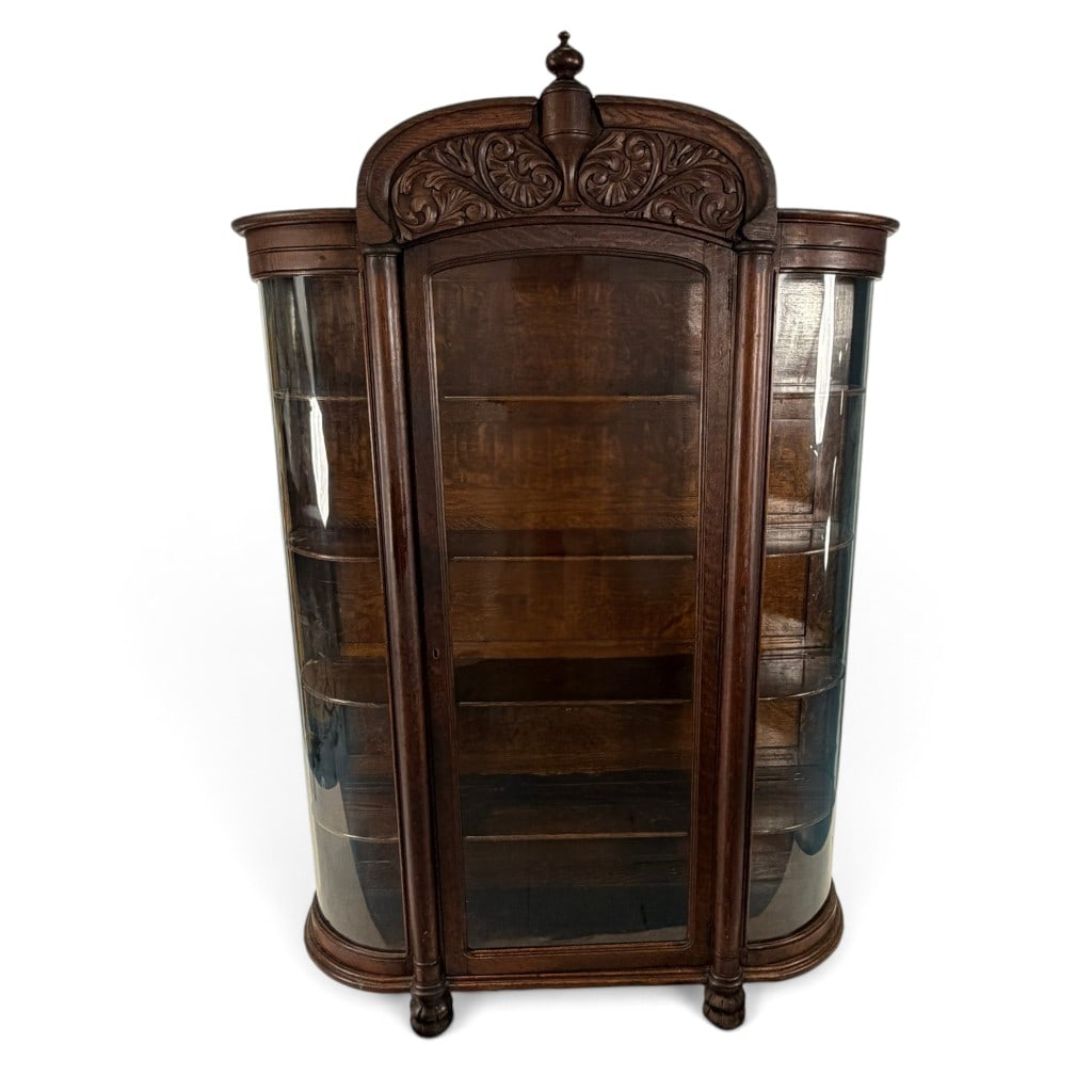American Late Victorian Carved Oak Curved-Glass China Cabinet (1 of 4)