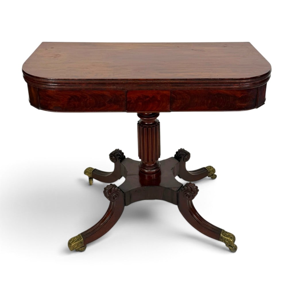 American Classical Mahogany Card Table, Probably New York: Origin: American, probably New York Date: Circa 1820-1830 Period/Style: American Classical Materials: Mahogany, mahogany veneer, mixed secondary woods, and metal hardware Description: A handsome Ameri