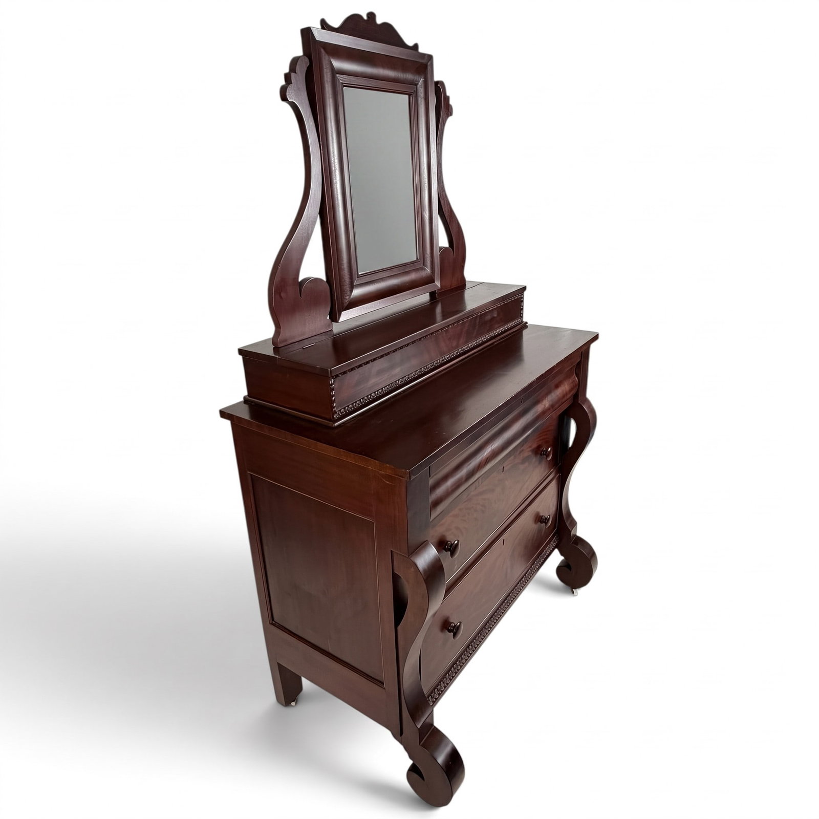 American Late Classical Figured Mahogany Dressing Bureau: Origin: American Date: Circa 1840-1850 Period/Style: American Late Classical Materials: Mahogany, figured mahogany veneer, mixed secondary woods, mirror glass, and metal hardware Form: Dressing