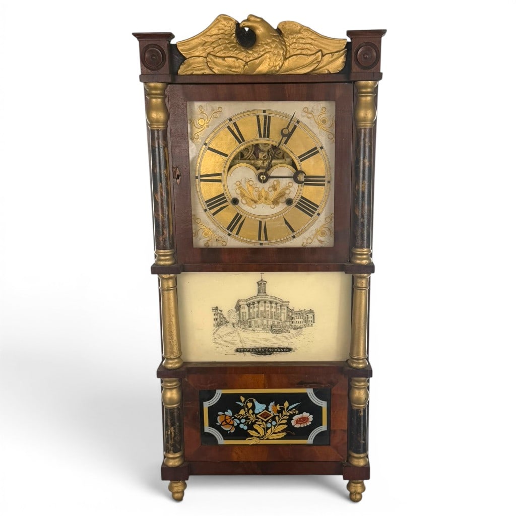 Birge, Mallory Triple-Decker Clock: Maker: Birge, Mallory & Co. Origin: Bristol, Connecticut Date: 1837-1843 Period/Style: American Classical, Greek Revival Materials: Mahogany and mahogany veneer, gilt and ebonized wood, painted me