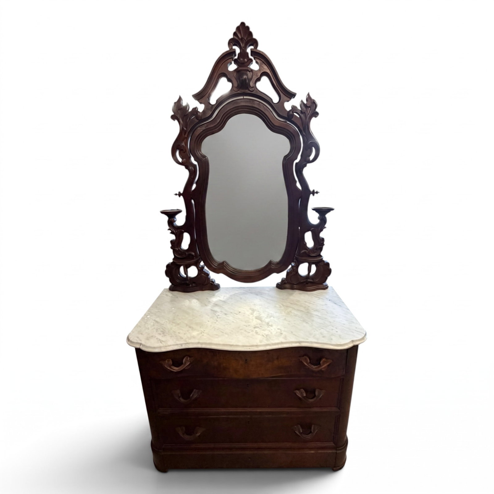 Rococo Revival Burl Walnut Dresser: Origin: American Date: Circa 1860-1875 Period/Style: Victorian, Rococo Revival Materials: Walnut, burl walnut veneer, mixed secondary woods, white marble, mirrored glass, and metal hardware Form: Thre