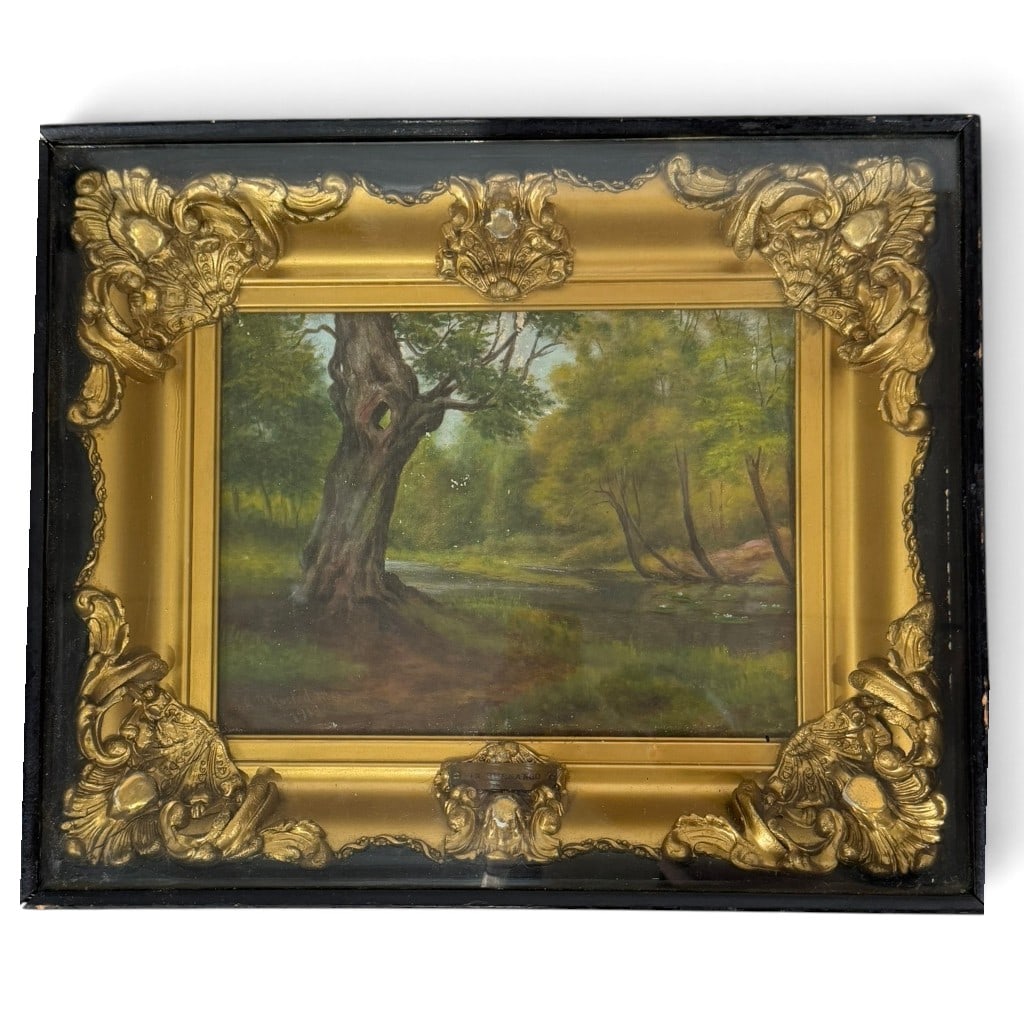 A D Husted Forest Landscape, 1910: Artist: A. D. Husted Origin: American Date: 1910 Medium: Oil on canvas Description: An atmospheric American woodland landscape depicting a quiet stream winding beneath mature trees, dominated by a