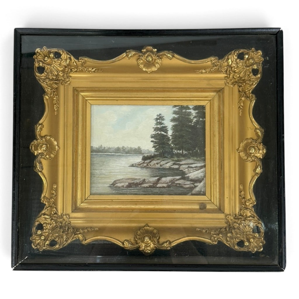 A D Husted Lakeside Landscape, 1911: Artist: A. D. Husted Origin: American Date: 1911 Medium: Oil on artist board Description: An early twentieth-century American landscape depicting a broad lake bordered by a rocky shoreline and a stand