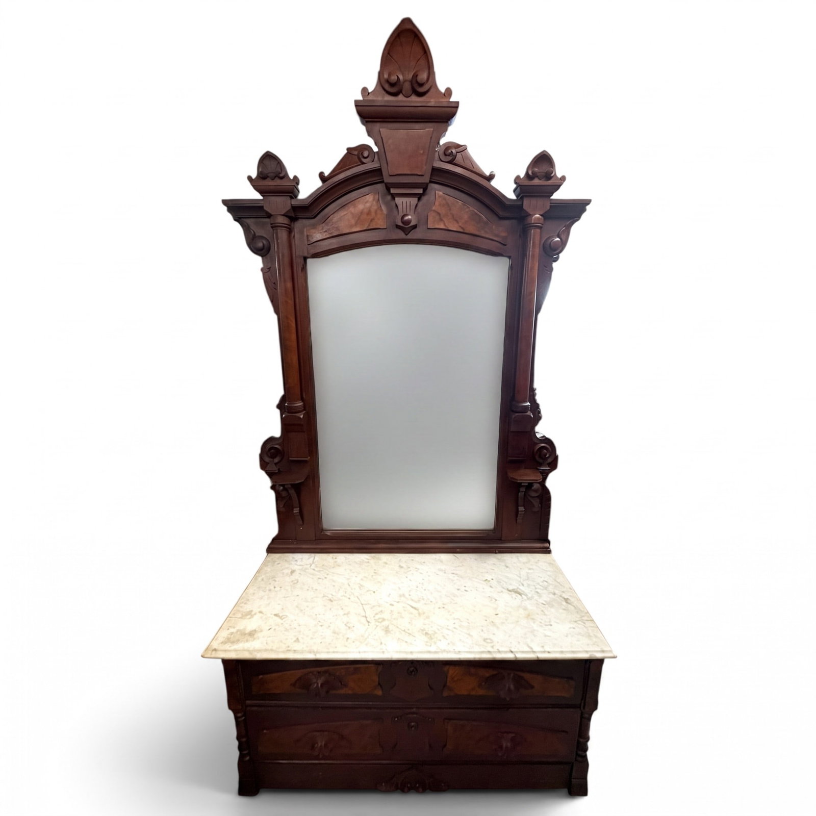 Renaissance Revival Walnut Dresser: Origin: American Date: Circa 1870-1885 Period/Style: Victorian, Renaissance Revival Materials: Walnut, burl walnut veneer, mixed secondary woods, white marble, mirrored glass, and metal hardware Form: