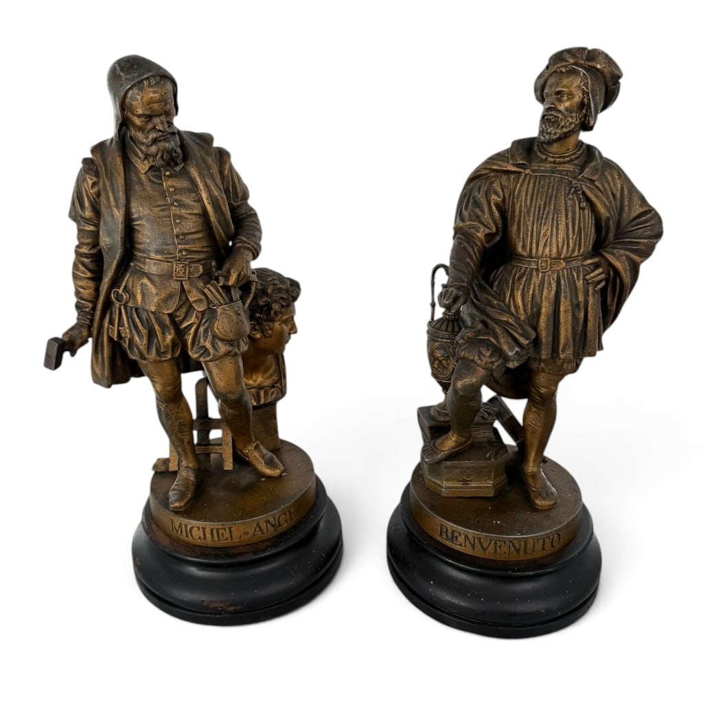 Michelangelo and Benvenuto Cellini Figures: Origin: Continental Europe, probably France Date: Circa 1890-1920 Period/Style: Renaissance Revival Materials: Bronzed composition Form: Pair of historical artist figures Description: A pair of