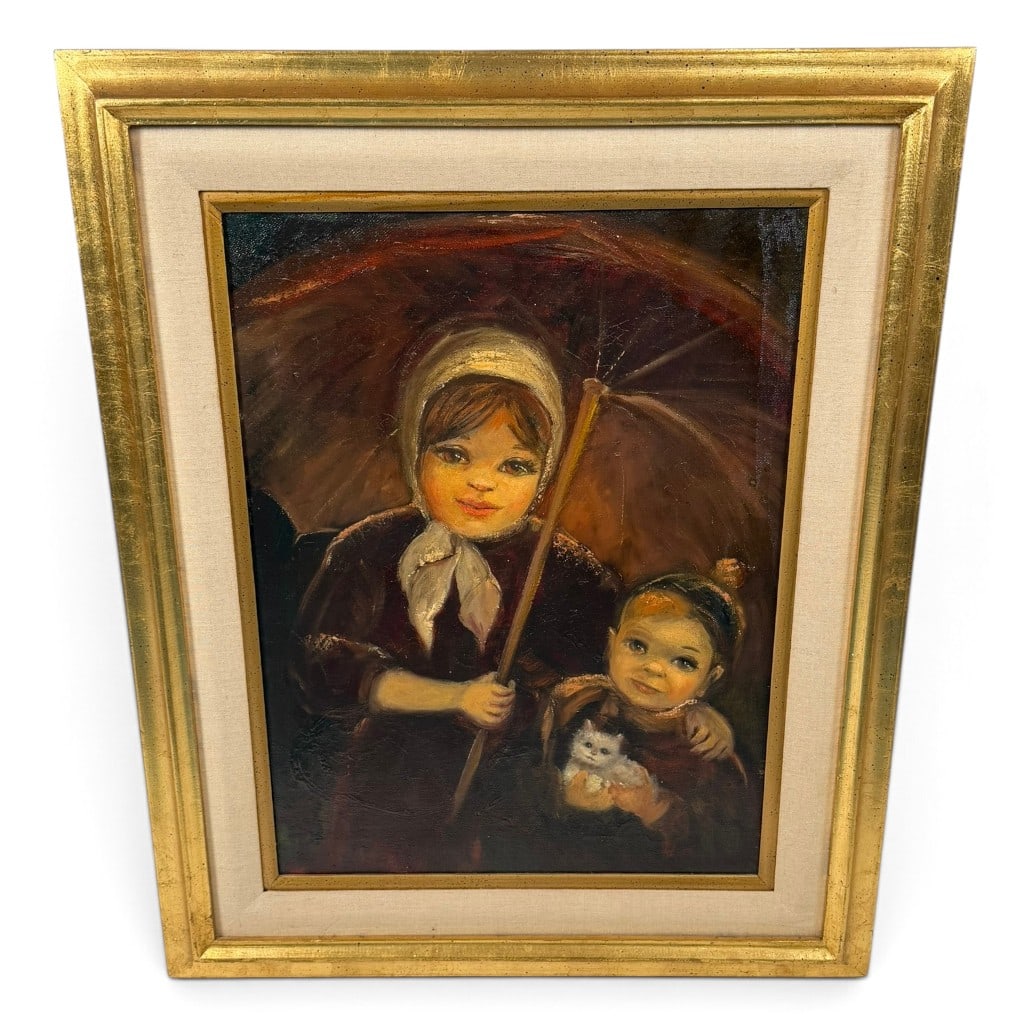 Mid-Century Girls and Kitten Oil: Origin: American Date: Circa 1960-1970 Period/Style: Mid-century sentimental portraiture Materials: Oil on canvas, giltwood and composition frame, and linen liner Description: Mid-century American
