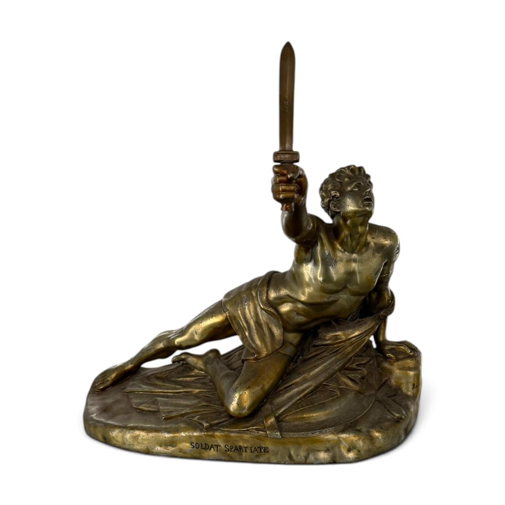 Brass Soldier of Marathon Figure After Cortot: Sculptural Model: After Jean-Pierre Cortot, French, 1787-1843 Date: Late 19th or early 20th century Period/Style: Neoclassical Revival Materials: Cast brass or brass alloy Form: Figural sculpture