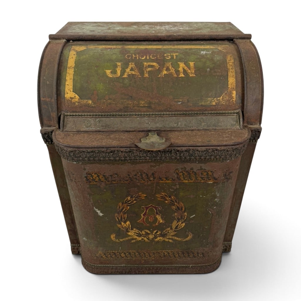 Choicest Japan Japanned Tin General Store Tea Bin, Circa 1880-1900: Origin: Probably American Date: Circa 1880-1900 Period/Style: Late Victorian general-store advertising Materials: Japanned and painted sheet metal with embossed metal trim Form: Roll-top bulk tea bin