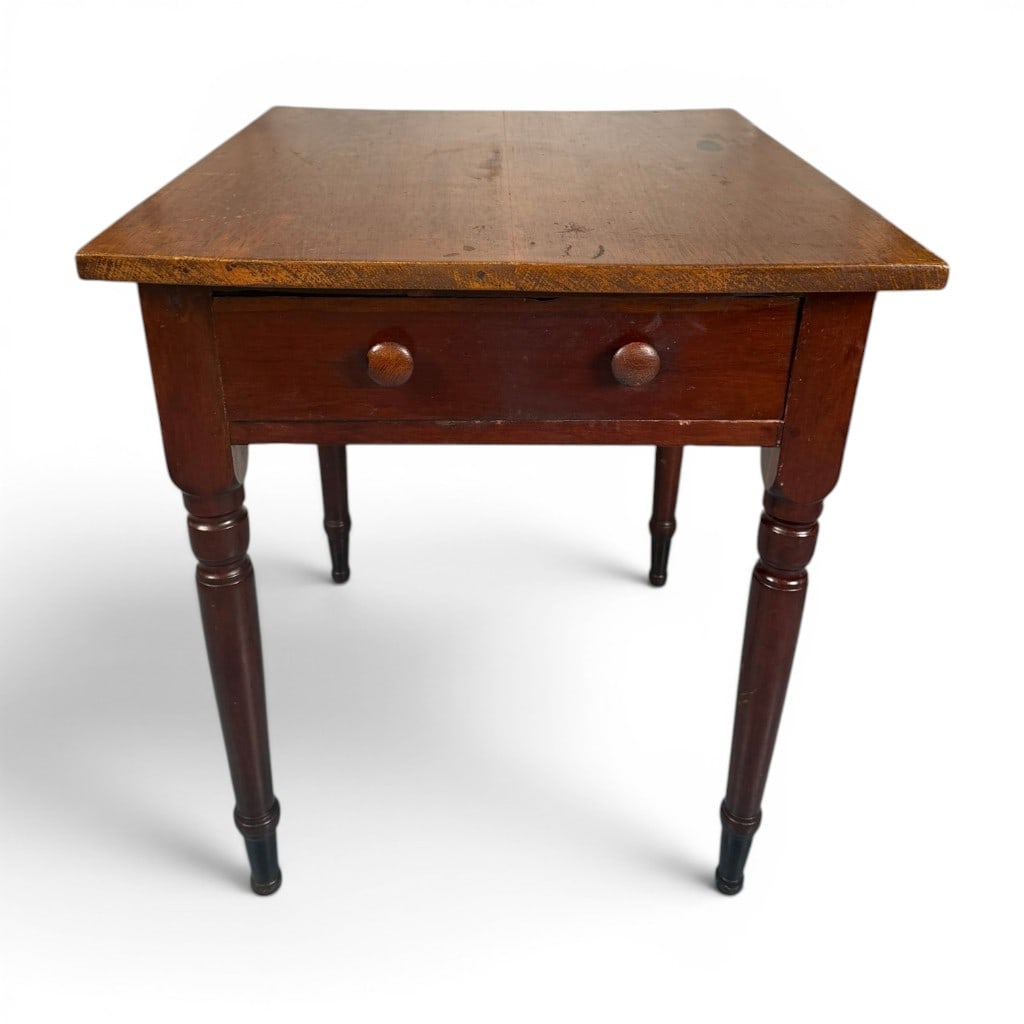 Sheraton Cherry One-Drawer Stand: Origin: American Date: Circa 1830-1850 Period/Style: Late Federal, Sheraton Materials: Cherry, oak, mixed secondary woods, and wooden pulls Form: One-drawer stand Description: American late Federal