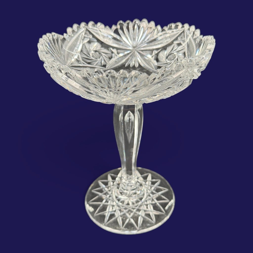 American Brilliant Period Cut Glass Compote: Origin: American Date: Circa 1890-1915 Period/Style: American Brilliant Period Materials: Clear lead glass Form: Footed compote Description: An American Brilliant Period clear lead-glass footed