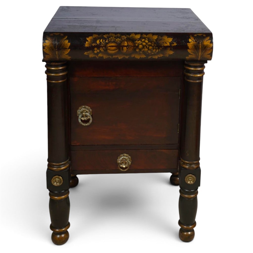 Attributed Joseph Meeks and Sons Gilt-Stenciled Basin Stand: Maker: Attributed to Joseph Meeks and Sons Origin: New York, New York Date: Circa 1830 Period/Style: American Classical Materials: Mahogany and mahogany veneer, ebonized hardwood, gilt decoration, mix