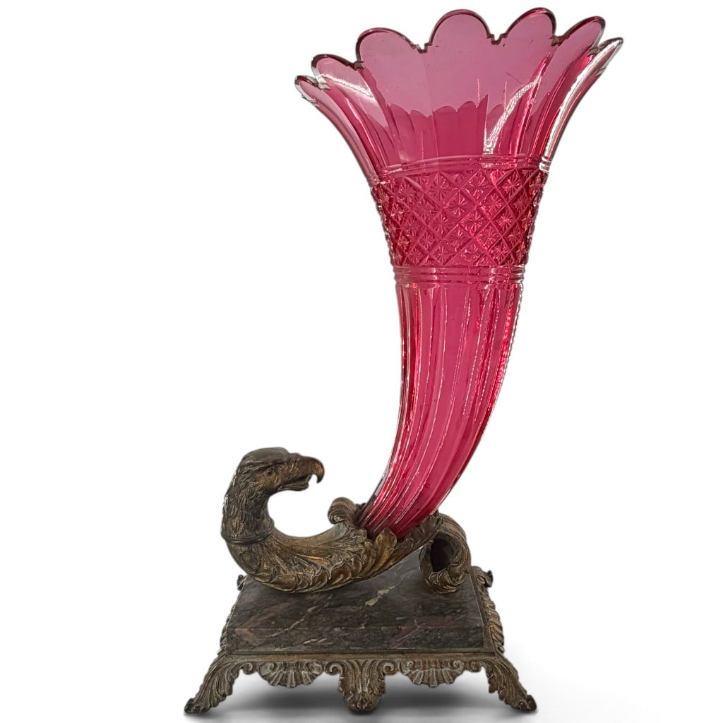 Pink Glass Eagle-Mounted Cornucopia Vase: Origin: Continental, probably French Date: Mid to late 19th century Period/Style: Second Empire / Victorian Materials: Pink glass, gilt and patinated cast metal, variegated marble Form: Eagle-mounted