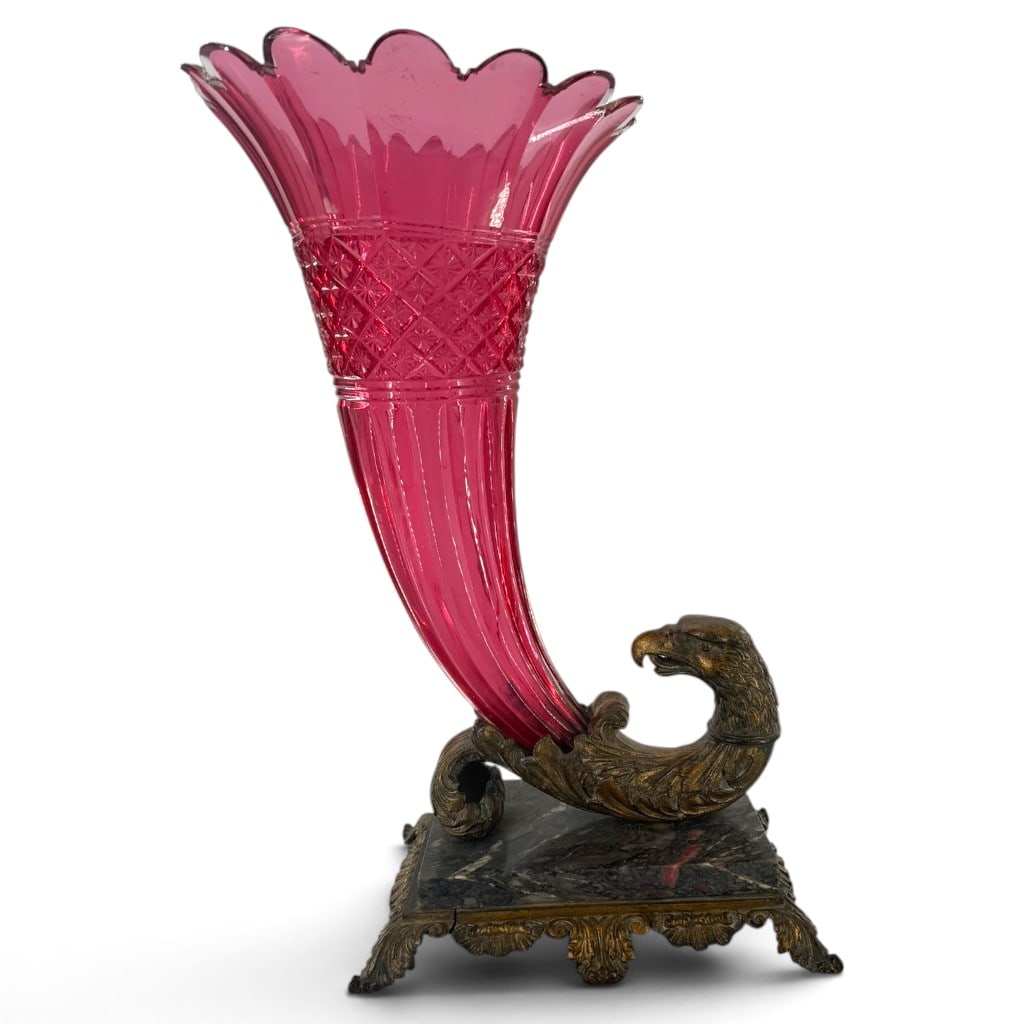 Pink Glass Eagle-Mounted Cornucopia Vase - 2