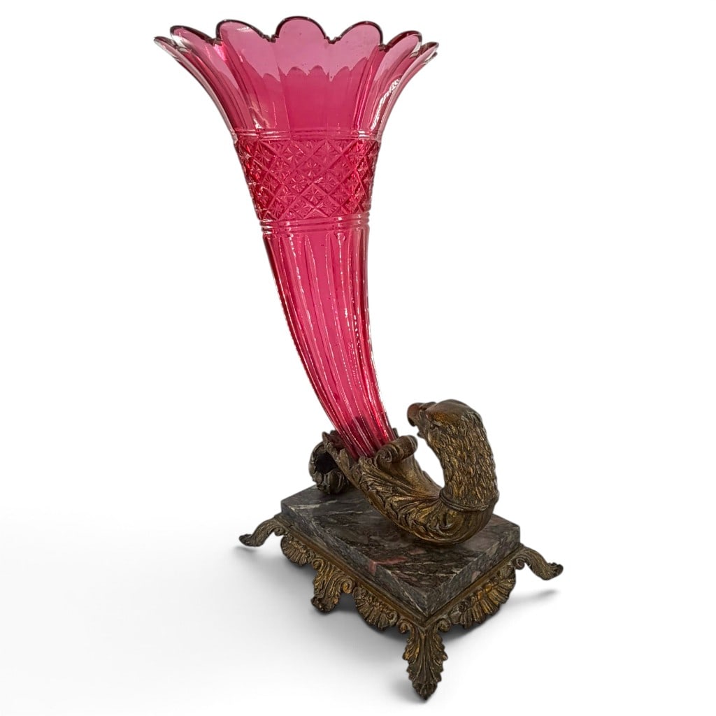 Pink Glass Eagle-Mounted Cornucopia Vase - 4