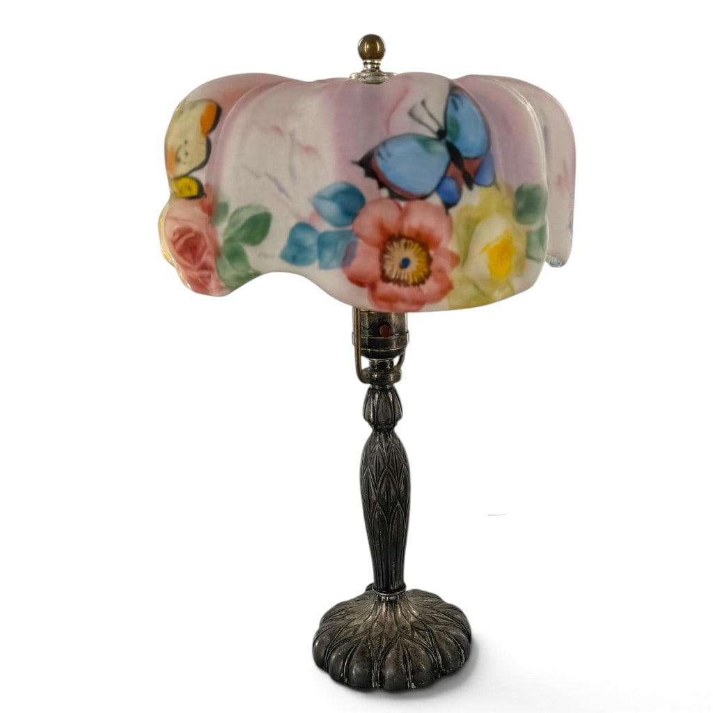 Pairpoint Butterfly Puffy Boudoir Lamp: Origin: American, New Bedford, Massachusetts Date: Circa 1907 Period/Style: Art Nouveau Maker: Pairpoint Corporation Materials: Mold-blown reverse-painted glass and silvered cast metal Form: