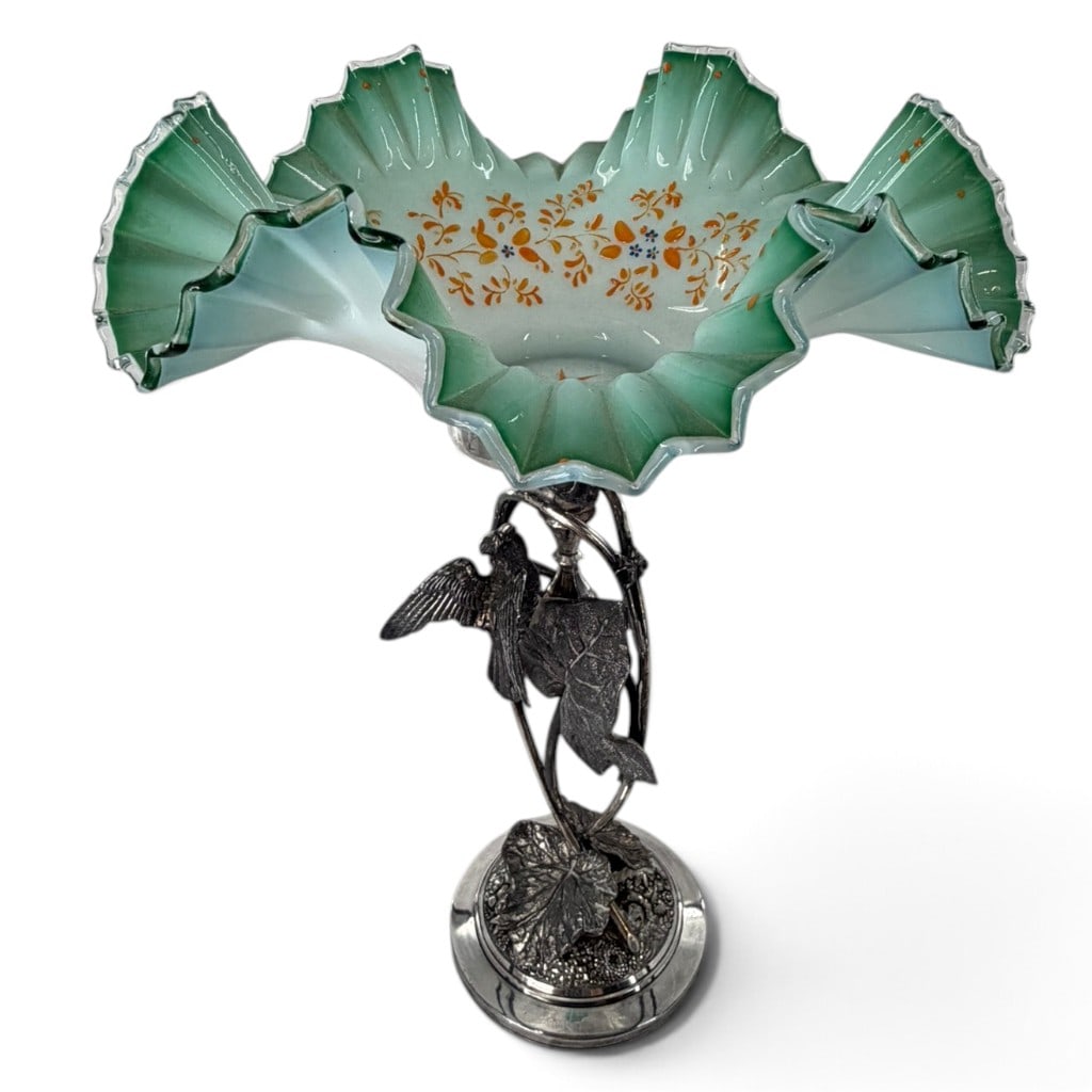 Meriden Britannia Bird Glass Brides Basket: Origin: American, Meriden, Connecticut Date: Circa 1880-1890 Period/Style: Victorian, Aesthetic Movement Maker: Meriden Britannia Company, stand Materials: Silverplate and enameled opalescent glass