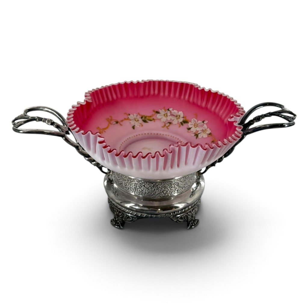 Simpson Hall Miller Satin Glass Brides Basket: Origin: American, Wallingford, Connecticut Date: Circa 1880s-1890s Period/Style: Victorian Maker: Simpson, Hall, Miller & Co., frame Materials: Quadruple-plate silverplate and hand-painted satin