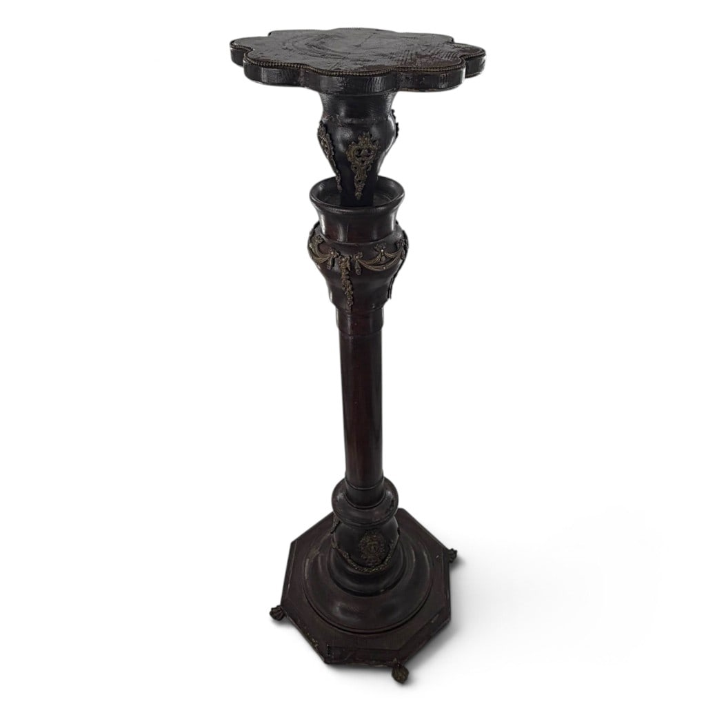 Continental Brass-Mounted Empire Pedestal: Origin: Continental Europe, probably French Date: Circa 1890-1920 Period/Style: Empire Revival Materials: Mahogany and mahogany veneer over mixed woods, and brass mounts Form: Tall display pedestal