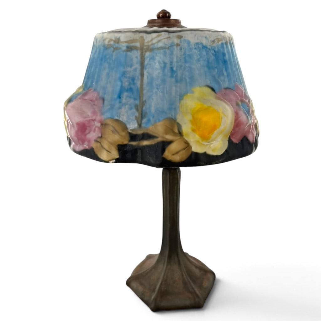 Pairpoint Floral Puffy Boudoir Lamp: Origin: New Bedford, Massachusetts Date: Circa 1910-1925 Period/Style: Art Nouveau Maker: Pairpoint Corporation Materials: Reverse-painted molded glass, patinated metal, and electrical components
