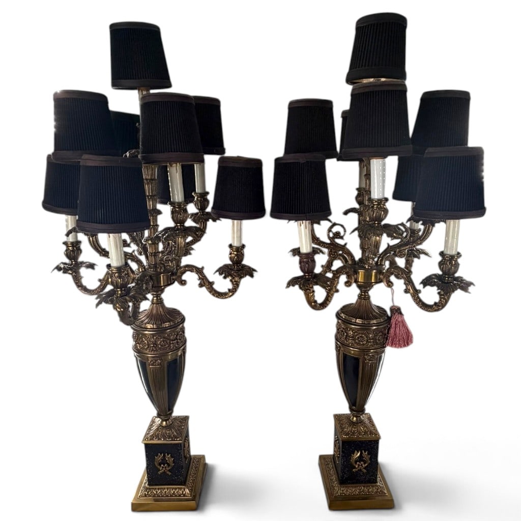 Pair Monumental Gilt Candelabra Lamps: Origin: Continental European style Date: Late 20th century Period/Style: Neoclassical and Empire Revival Materials: Gilt and patinated cast metal, black-finished panels, fabric shades, and electrical