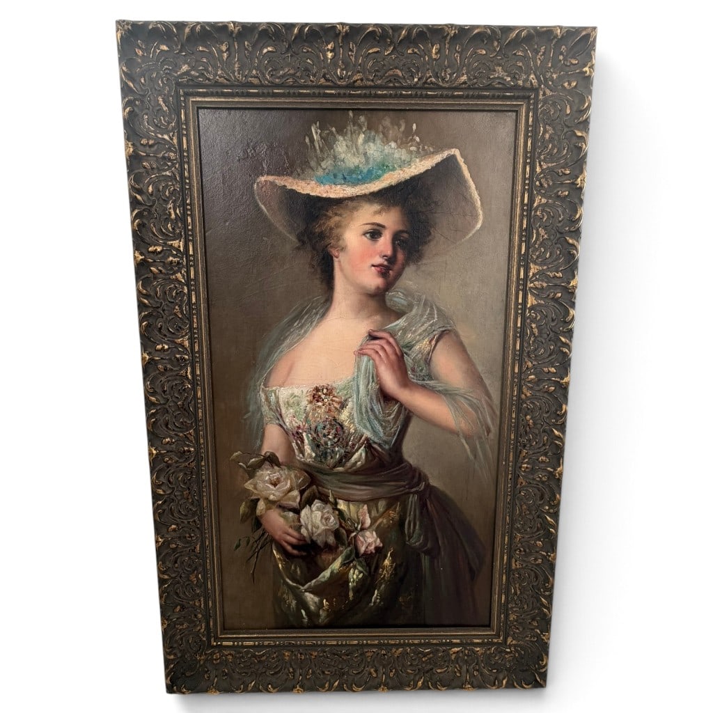 Continental Portrait of a Lady with Roses: Origin: Continental Europe Date: Circa 1880-1900 Period/Style: Victorian, Belle Epoque, and Rococo Revival Artist: Unidentified Materials: Oil on canvas in a carved and composition frame with gilt hig