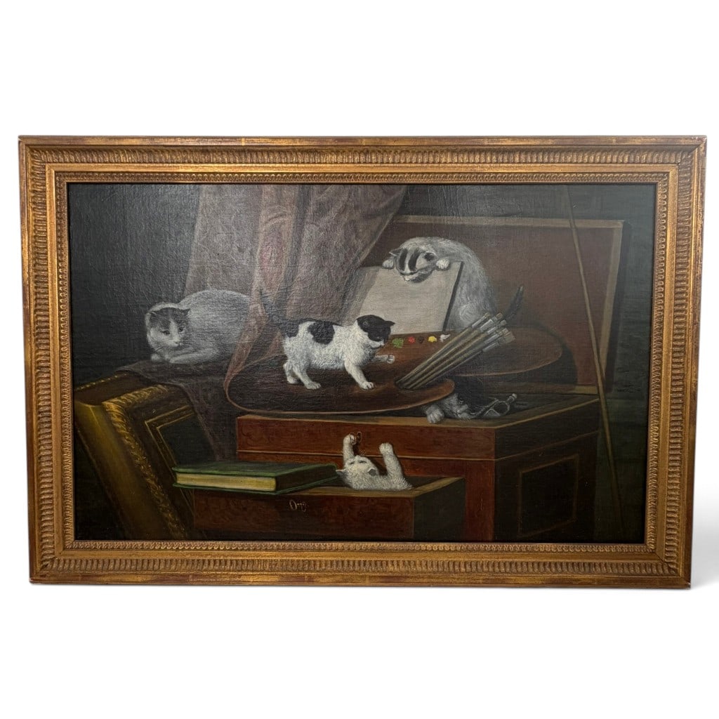 After Ronner-Knip, Les Debutants: Origin: Continental Europe Date: Late 19th century Period/Style: Victorian animal painting Artist: After Henriette Ronner-Knip (Dutch-Belgian, 1821-1909) Title: Les Debutants Materials: Oil on canvas
