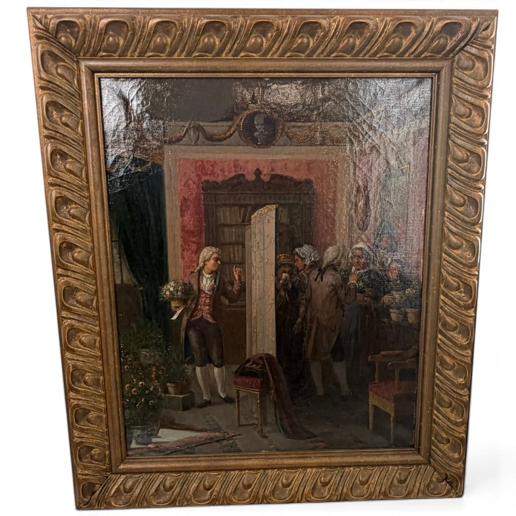 Continental Interior Genre Scene: Origin: Continental Europe Date: Circa 1860-1870 Period/Style: Victorian historicizing genre painting, Rococo Revival Artist: Unidentified Materials: Oil on canvas in a molded giltwood and