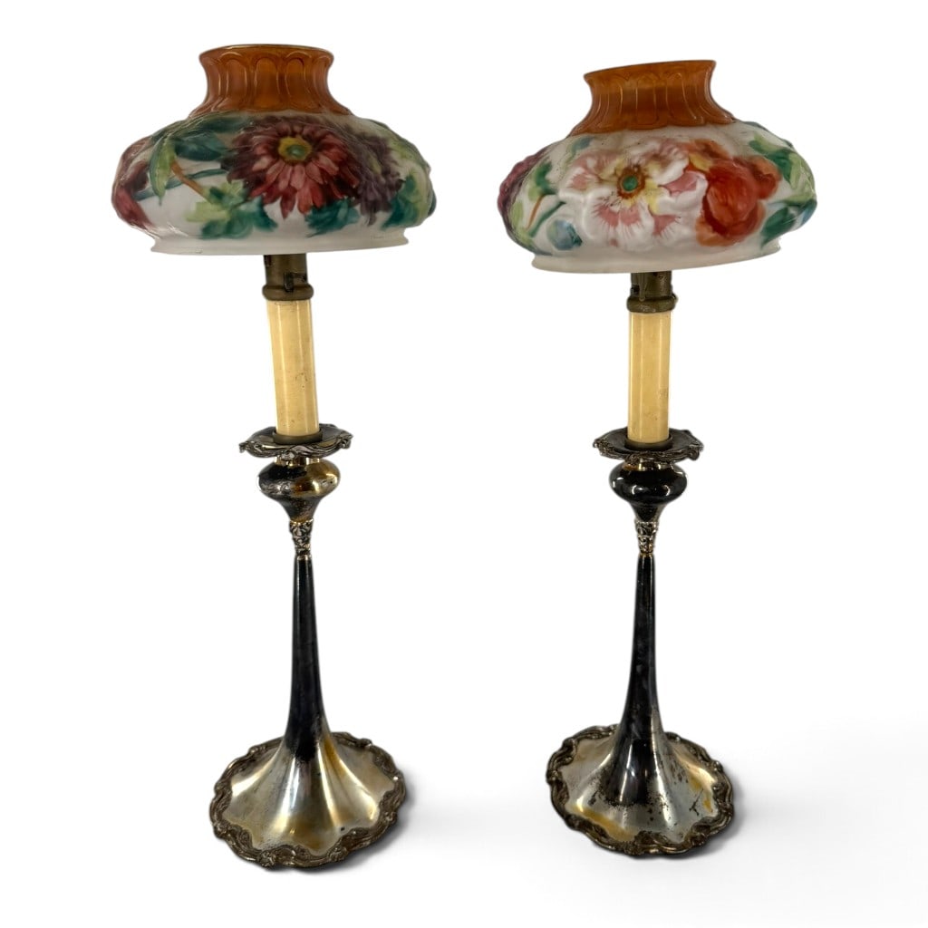 Attributed Pairpoint Shades on Apollo Bases: Origin: New Bedford, Massachusetts for the shades, New York for the bases Date: Circa 1907 Period/Style: Art Nouveau Maker: Shades attributed to Pairpoint, bases by Apollo Silver Co. Materials: