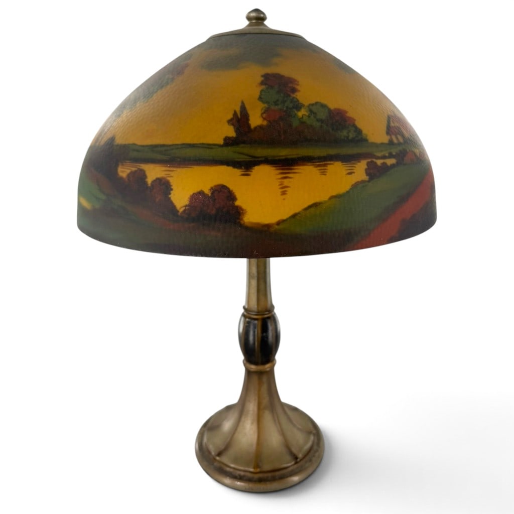 Jefferson Reverse-Painted Landscape Lamp: Origin: American Date: Circa 1920 Period/Style: Arts and Crafts, Art Nouveau Maker: Jefferson Glass Co. Materials: Reverse-painted textured glass and patinated metal with electrical fittings Form:<