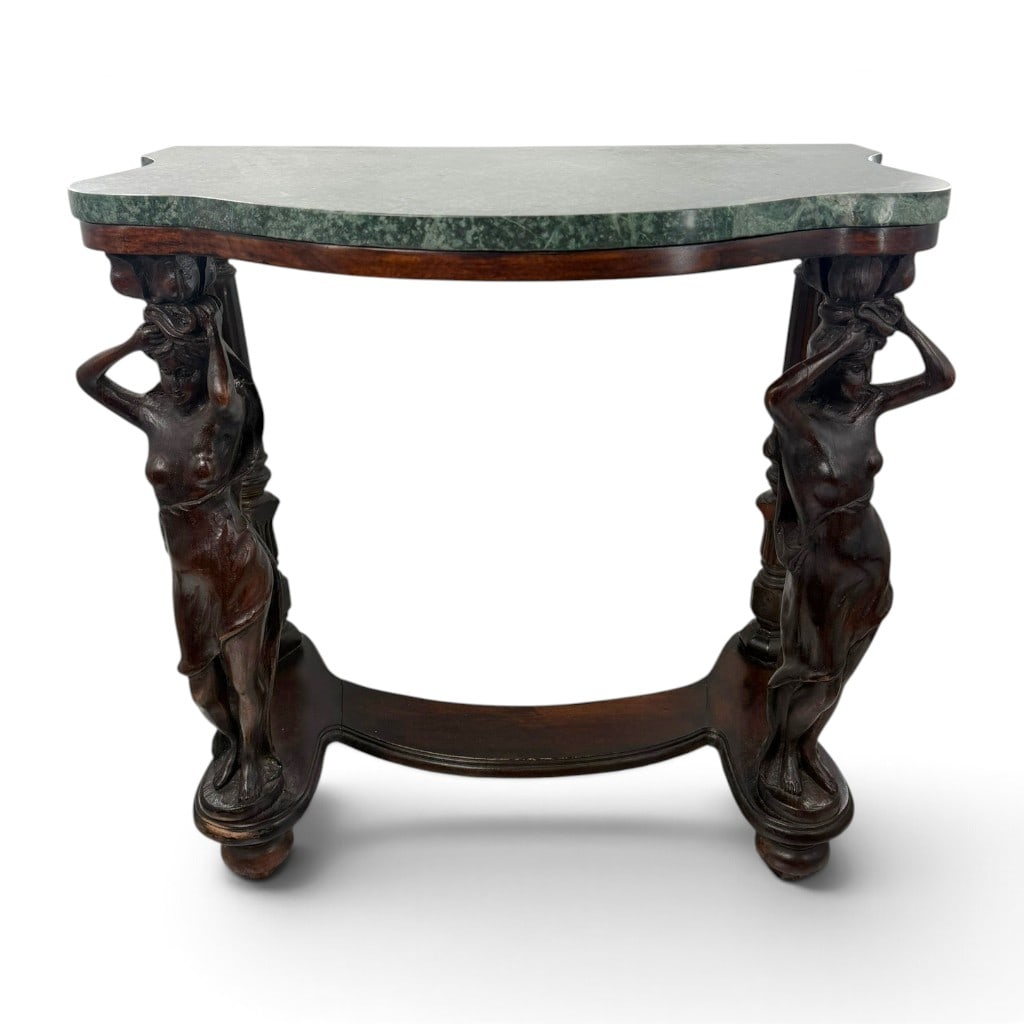 Continental Caryatid Marble-Top Console: Origin: Continental Europe, probably Italian Date: Circa 1900-1920 Period/Style: Renaissance Revival and Neoclassical Revival Maker: Unidentified Materials: Carved and stained hardwood and green
