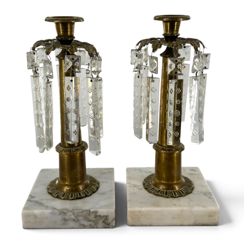 Pair Prism-Hung Girandole Candlesticks: Origin: Continental Europe Date: Late 19th to early 20th century Period/Style: Neoclassical Revival Maker: Unidentified Materials: Gilt brass, cut and etched glass, and white marble Form: Pair of