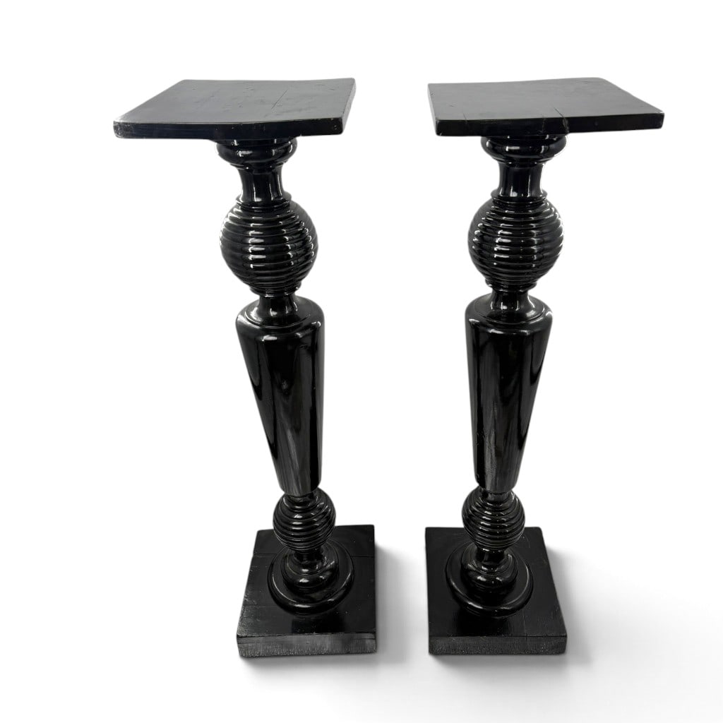 Pair Late Victorian Ebonized Wood Pedestals: Date: Circa 1880-1900 Period/Style: Late Victorian and Neoclassical Revival Maker: Unidentified Materials: Ebonized wood Form: Pair of display pedestals Description: Pair of late Victorian ebonized