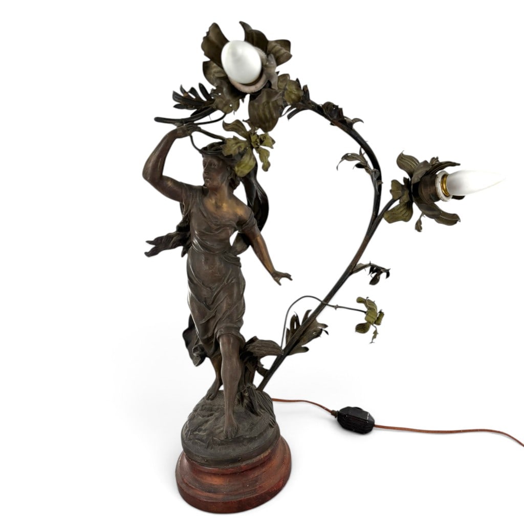 Bruchon L'Orage Art Nouveau Figural Lamp: Origin: France Date: Circa 1900 Period/Style: Art Nouveau and Belle Epoque Maker: Emile Bruchon Materials: Patinated spelter, mixed metal, wood, and electrical components Form: Two-light figural