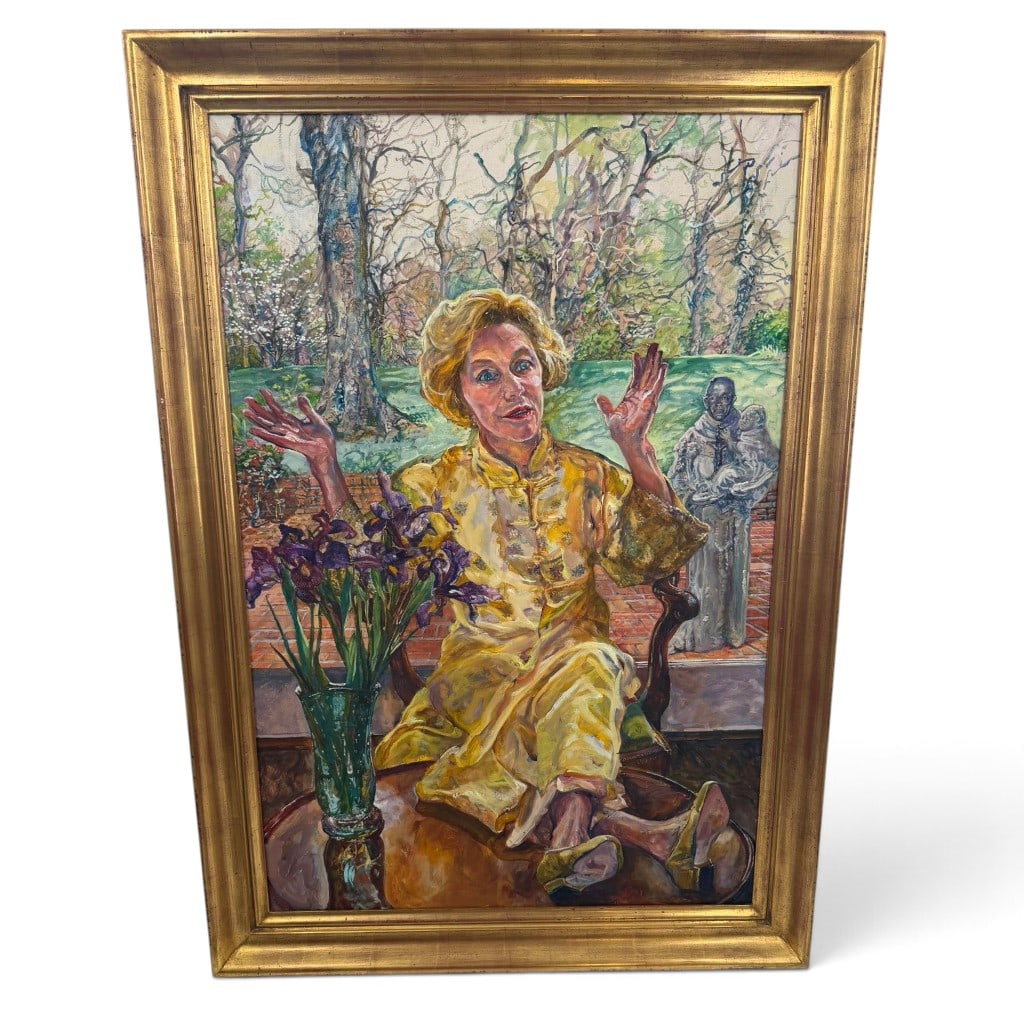 Audrey Ushenko Woman in Yellow, 2001: Artist: Audrey Ushenko (American, born 1945) Title: Woman in Yellow Date: 2001 Materials: Oil on linen with giltwood frame Form: Framed figurative painting Description: A seated woman in a yellow