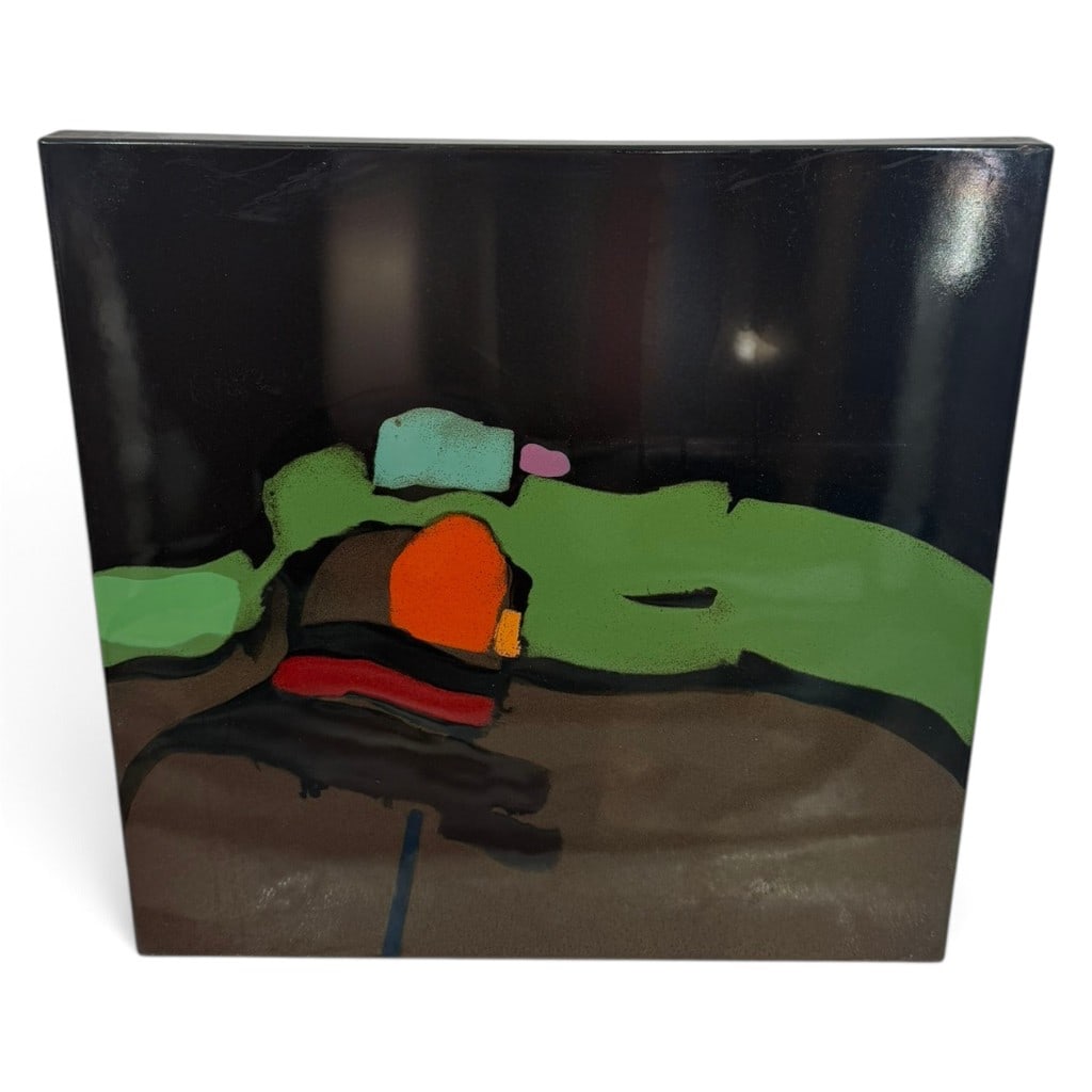 James Byrd Enamel Abstract: Artist: James Byrd (American, born 1935) Date: Circa 1977 Materials: Enamel paint on panel Form: Framed abstract painting Description: A square abstract composition with broad olive and green