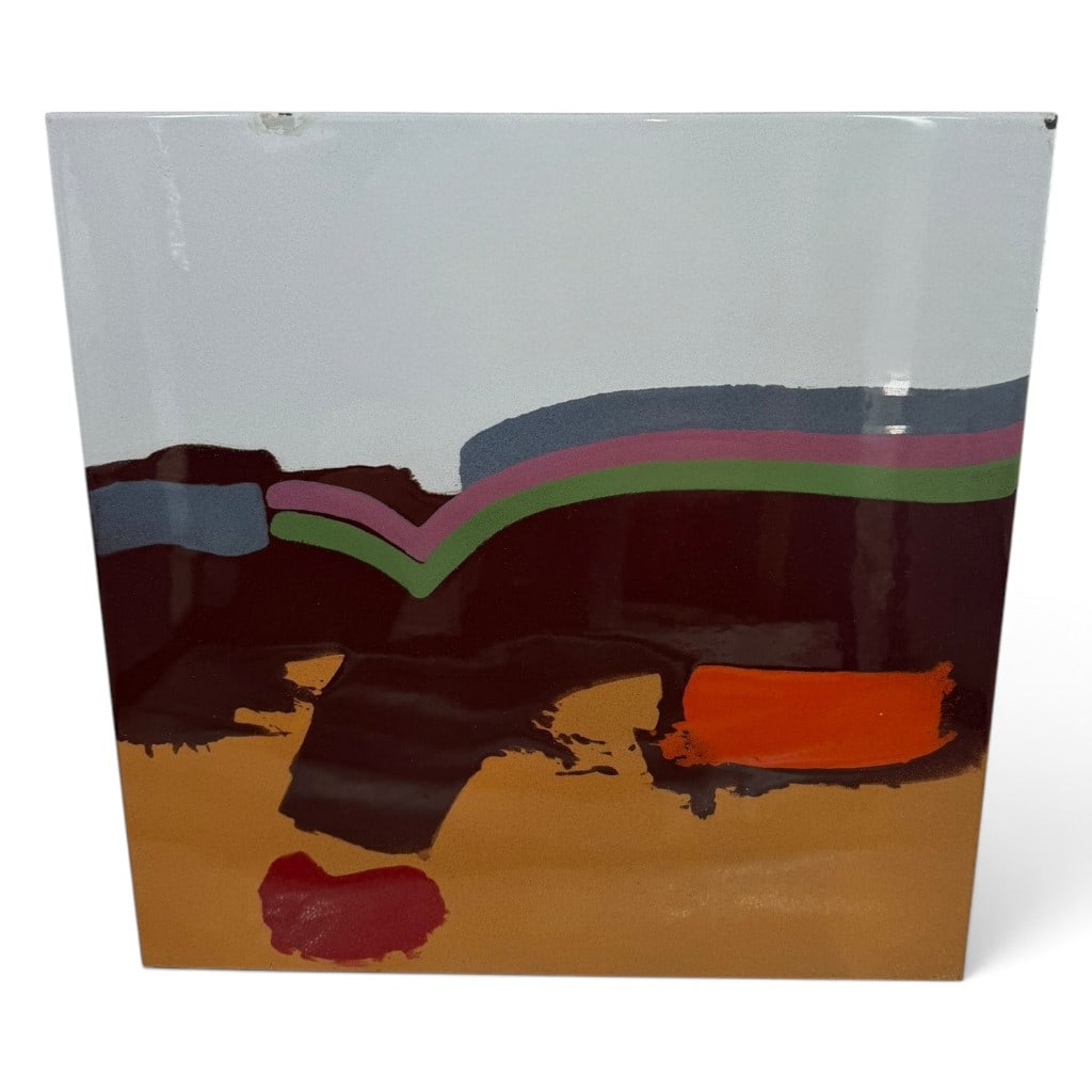 James Byrd Ribbon Abstract: Artist: James Byrd (American, born 1935) Date: Circa 1977 Materials: Enamel paint on panel Form: Framed abstract painting Description: A square abstract composition with pale blue, maroon, red, and