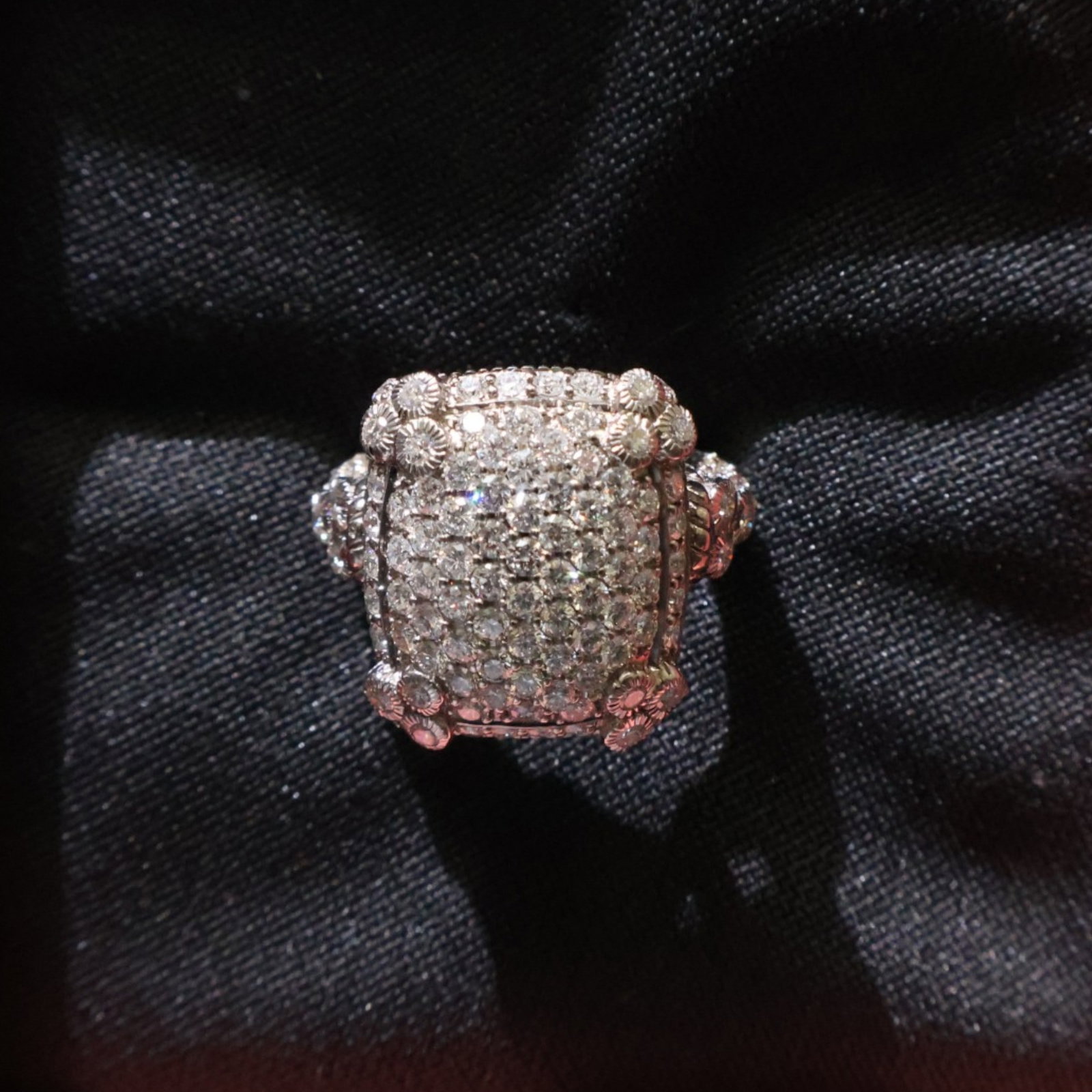 18K White Gold 3.00 CTW Diamond Ring: Date: Late 20th to early 21st century Materials: 18K white gold and diamonds Form: Ring Description: An 18K white gold statement ring set with multiple diamonds in an architectural cluster. The