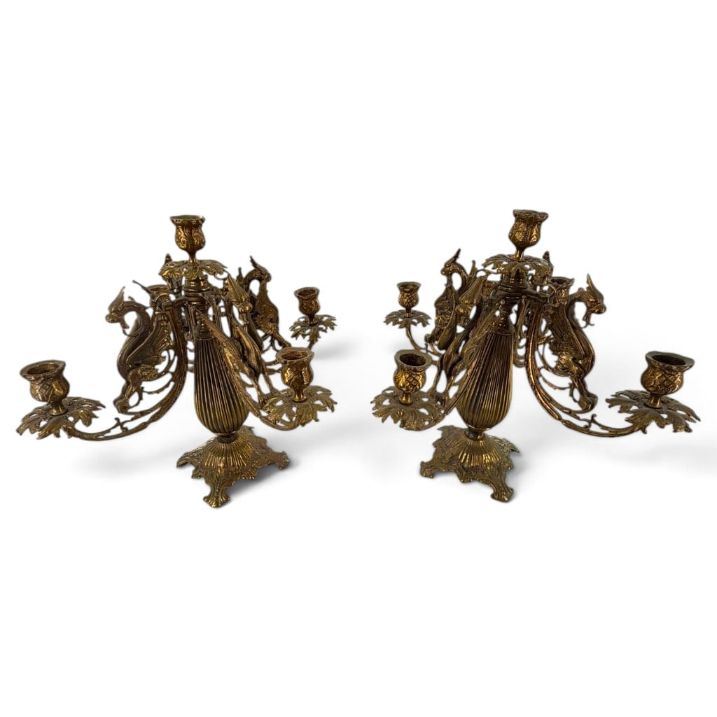 Pair Brass Dragon Five-Light Candelabra: Origin: European Date: Circa 1900 Period/Style: Gothic and Renaissance Revival Maker: Unidentified Materials: Cast brass Form: Pair of five-light candelabra Description: A matched pai